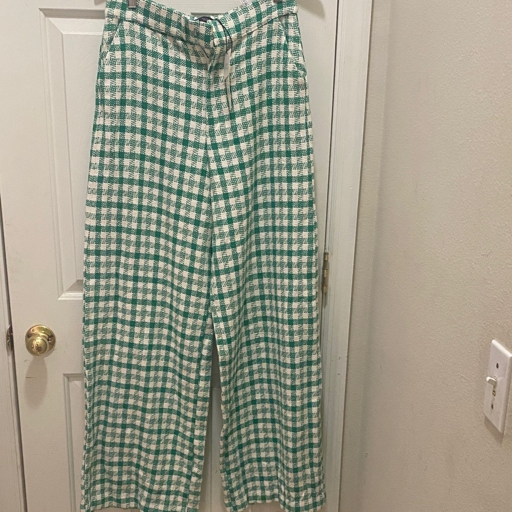 Zara Green and White Plaid tweed Trousers